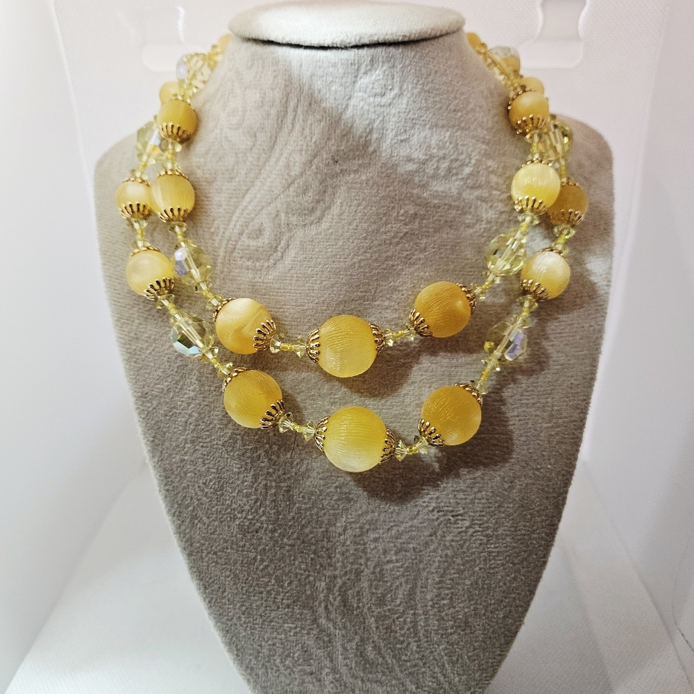 Vendome Yellow Beaded Necklace 2 Strand Vintage Gold Tone